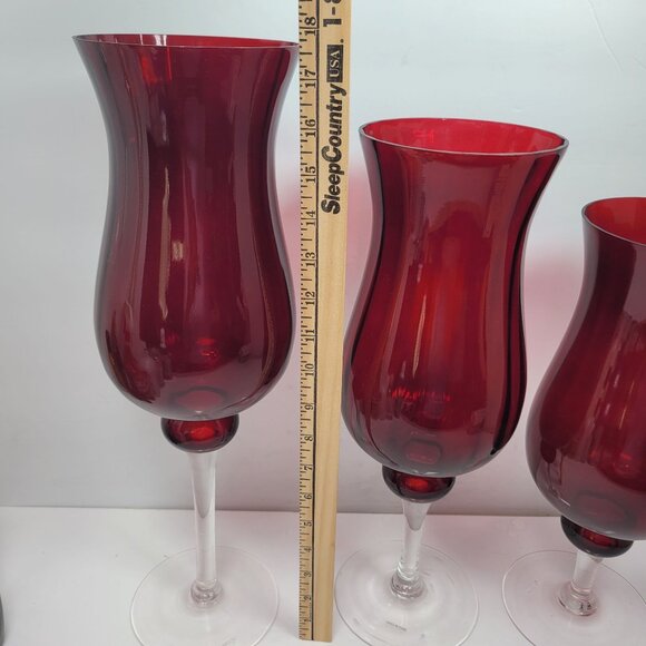 Hurricane Red Glass Candle Holders With Clear Stems Set of 3 - Picture 3 of 8